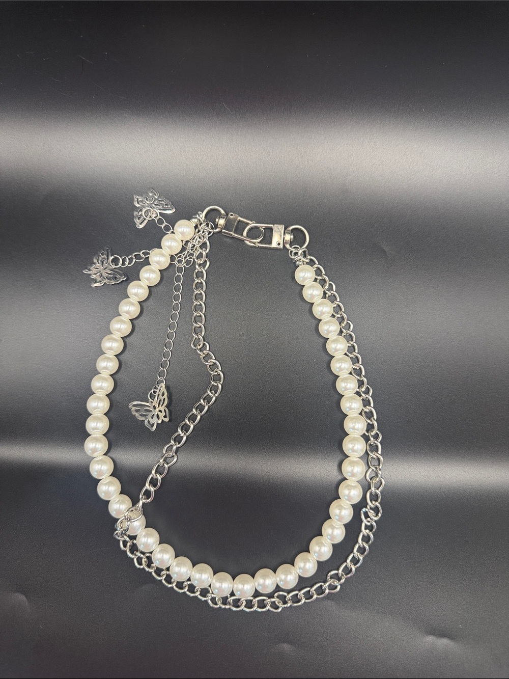 Pearl and Silver Chain Layered Necklace with Butterfly Charms - White